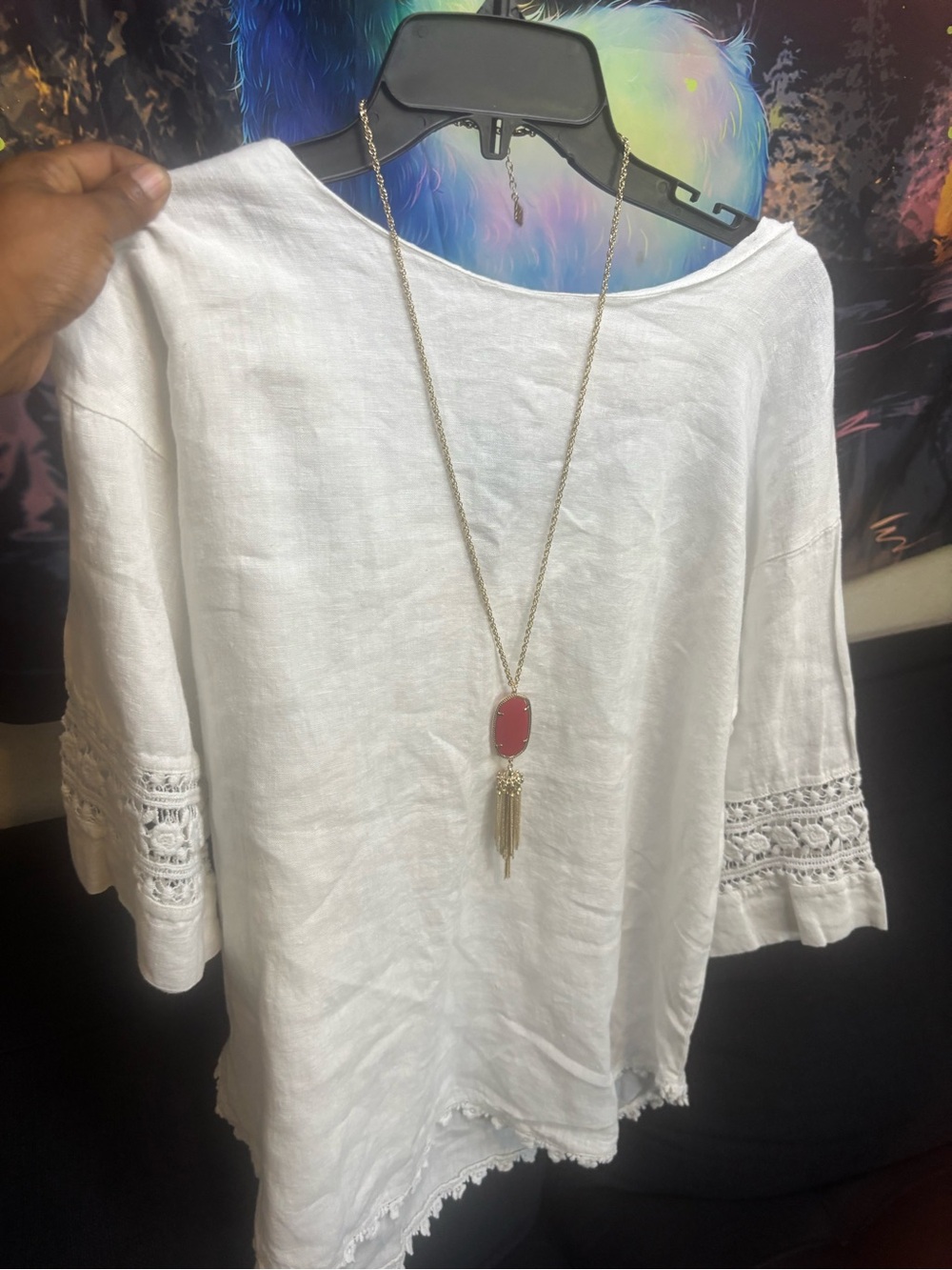 Linen-Blend White Midi Dress with Crochet Lace Inserts